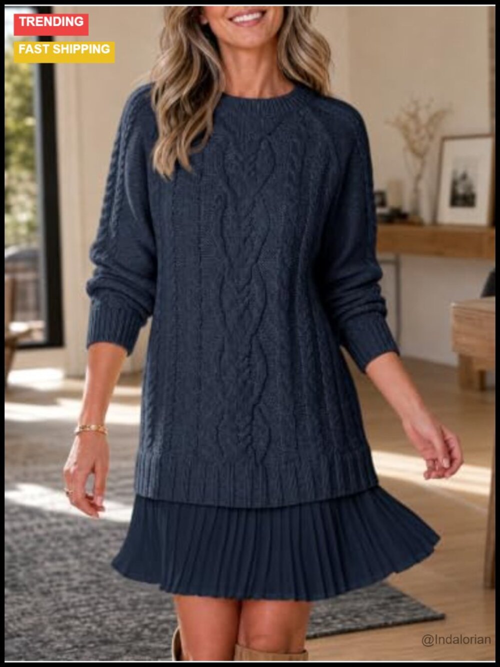Cable Knit Sweater Dress Pleated Long Sleeve Crewneck Mini Preppy Fall Chunky - Picture 2 of 6